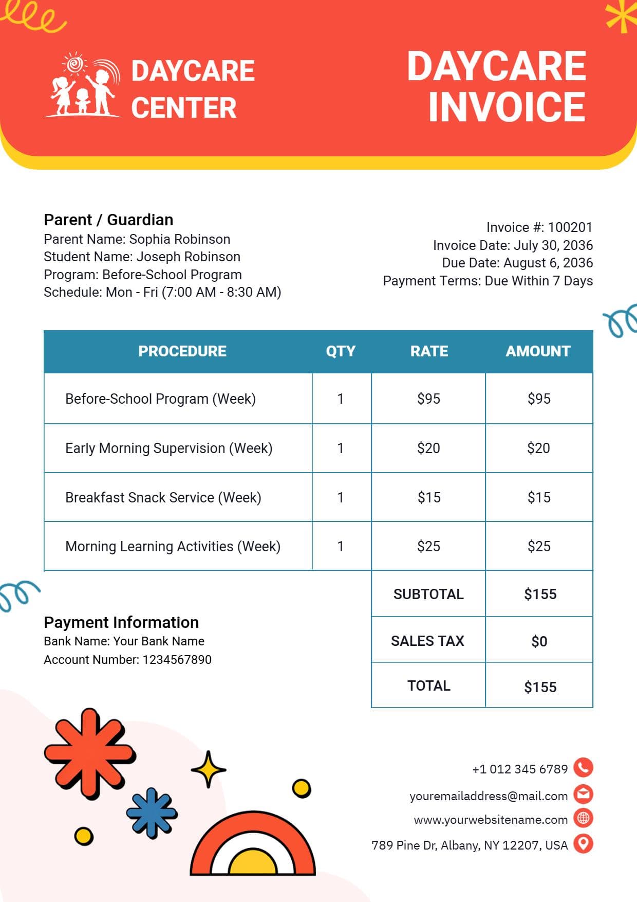 Daycare Attendance and Weekly Educational Plan Billing Invoice Template