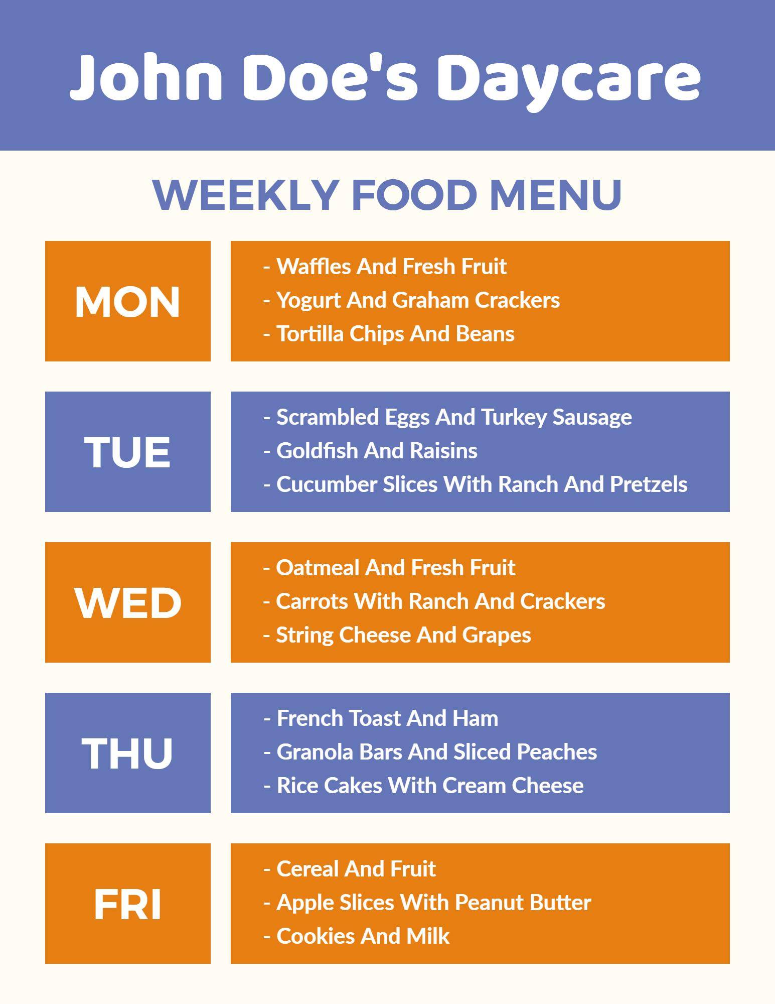 Daycare Nutritional Weekly Meal Plan Menu Template