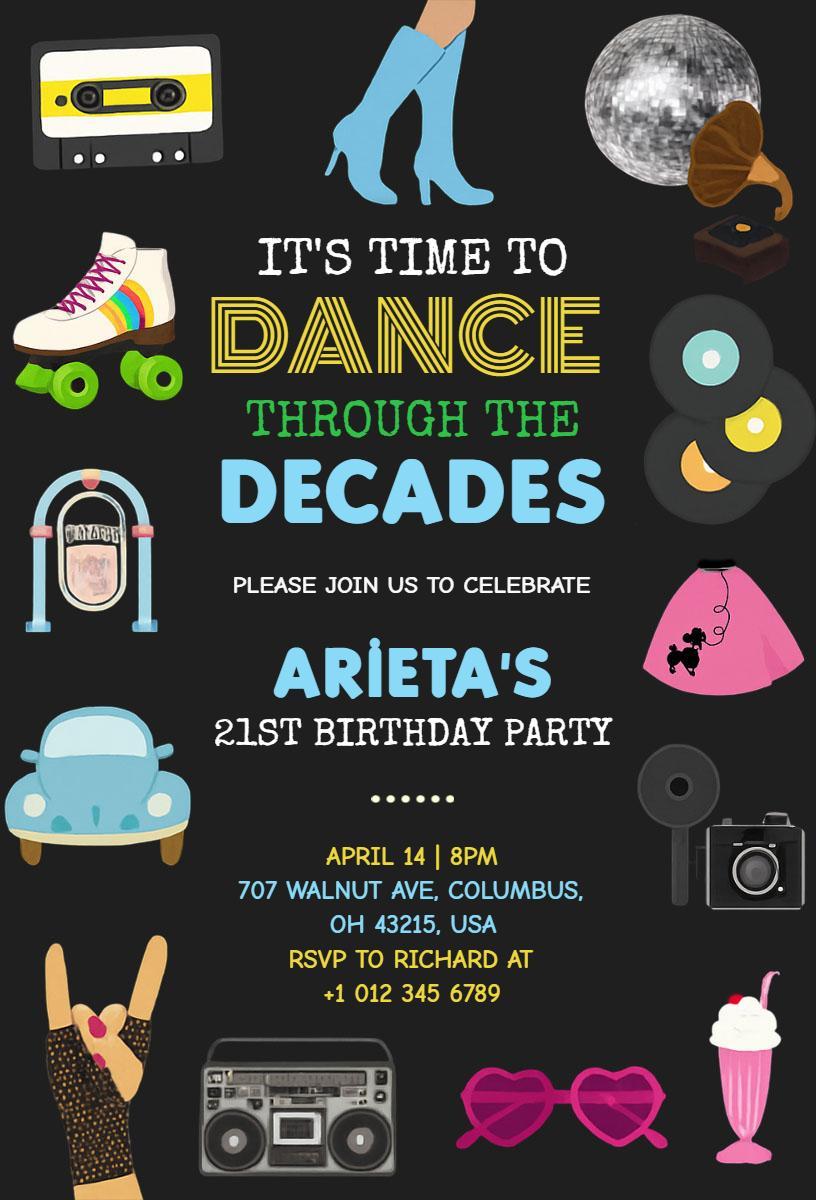 Decade Dance Party 21st Birthday Celebration Invitation Template