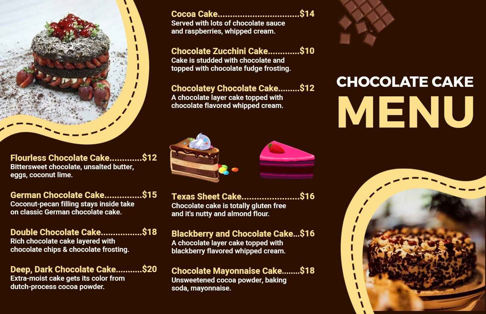 Decadent Cakes and Desserts Featuring Rich Chocolate Flavors Menu Template