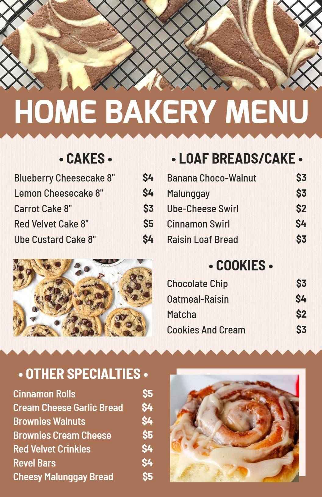 Decadent Cakes and Tasty Breads with Sweet Cookies Bakery Menu Template