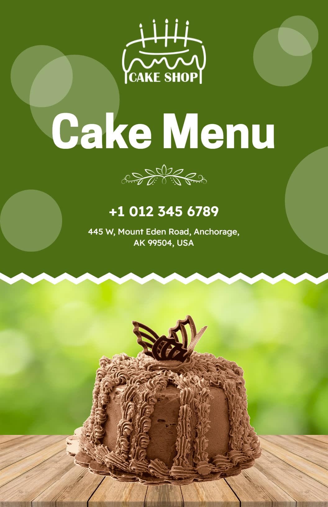 Decadent Chocolate and Flavorful Cake Creations Cake Menu Template