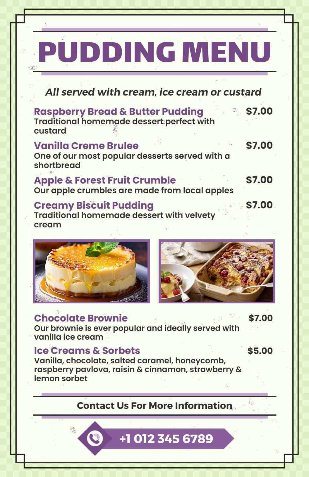 Decadent Chocolate and Fruit Desserts Featuring Puddings Dessert Menu Template