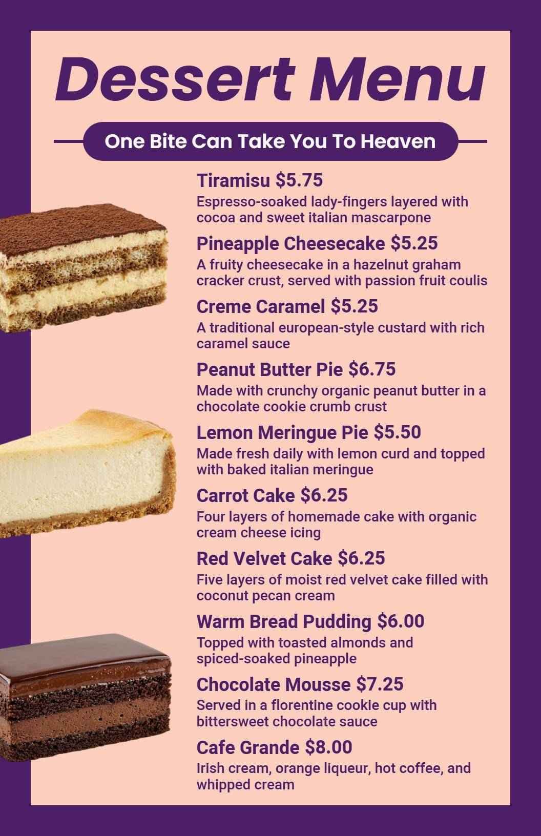 Decadent Chocolate and Fruity Treats for Sweet Lovers Dessert Menu Template