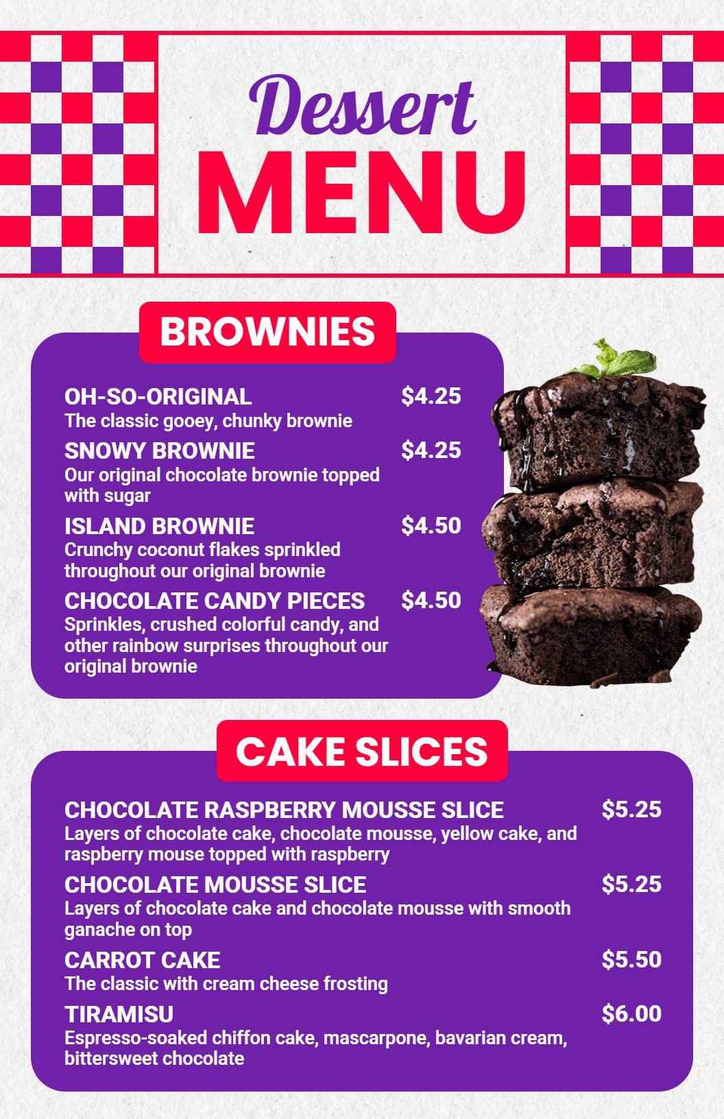 Decadent Chocolate Brownies and Cake Slices Dessert Menu Template