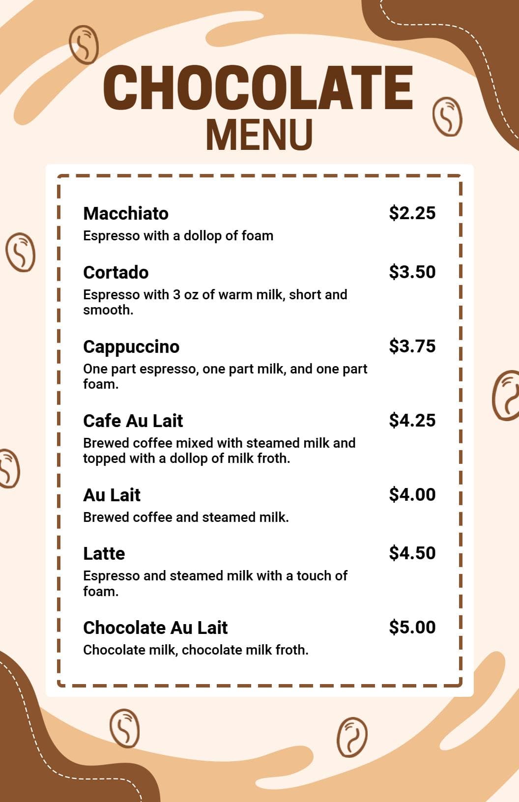 Decadent Chocolate Coffee Creations and Milky Delights Chocolate Menu Template