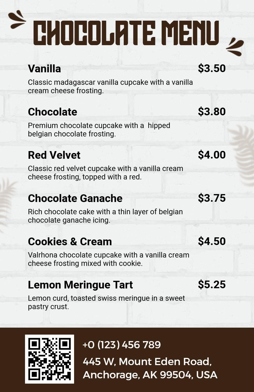 Decadent Chocolate Cupcakes and Treats Dessert Chocolate Menu Template