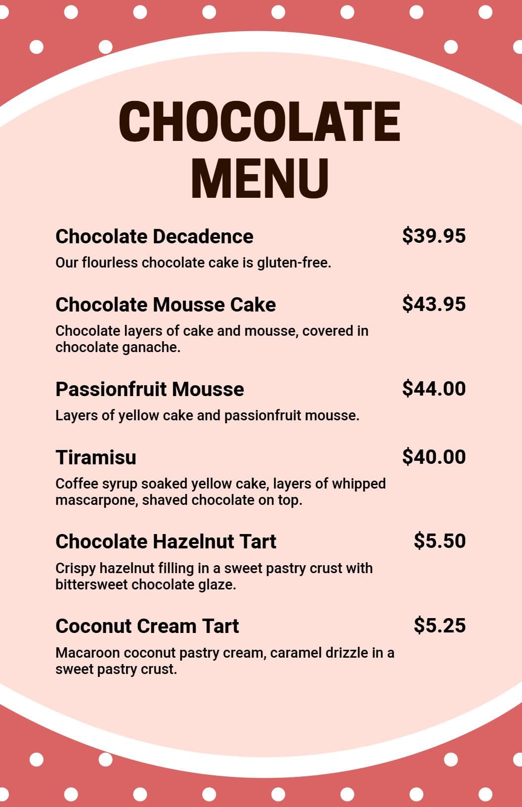 Decadent Chocolate Dessert Selections Featuring Rich Flavors Chocolate Menu Template