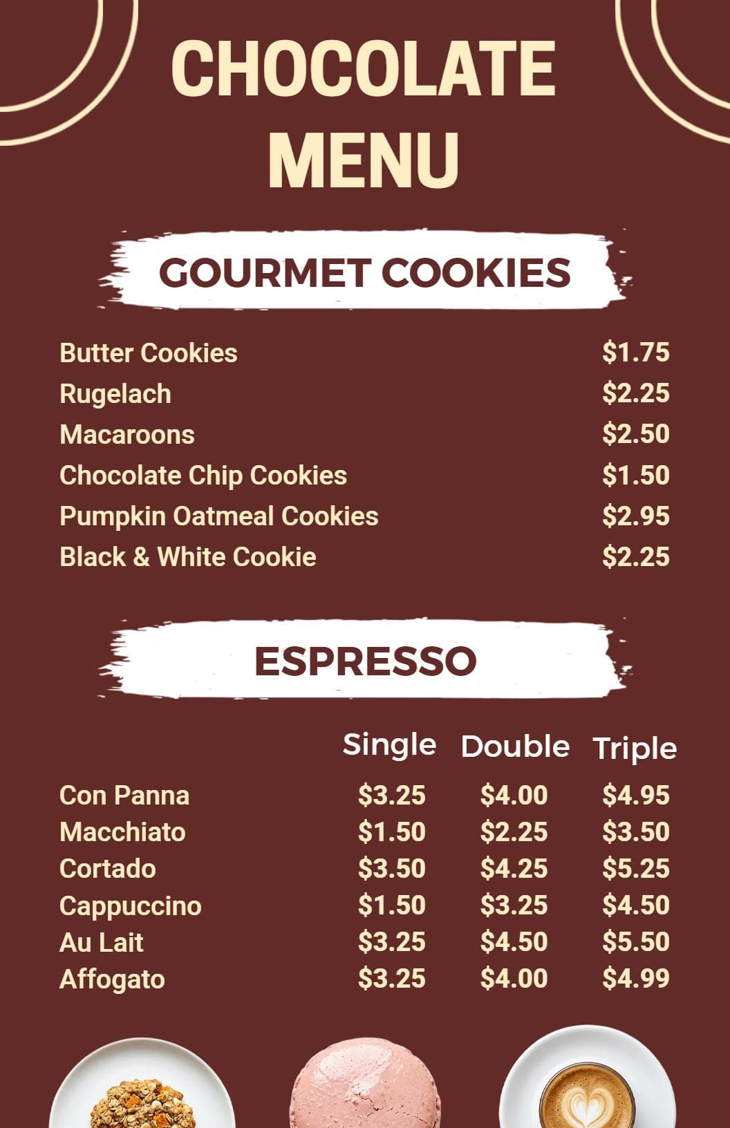 Decadent Chocolate Treats and Gourmet Espresso Delights Chocolate Menu Template