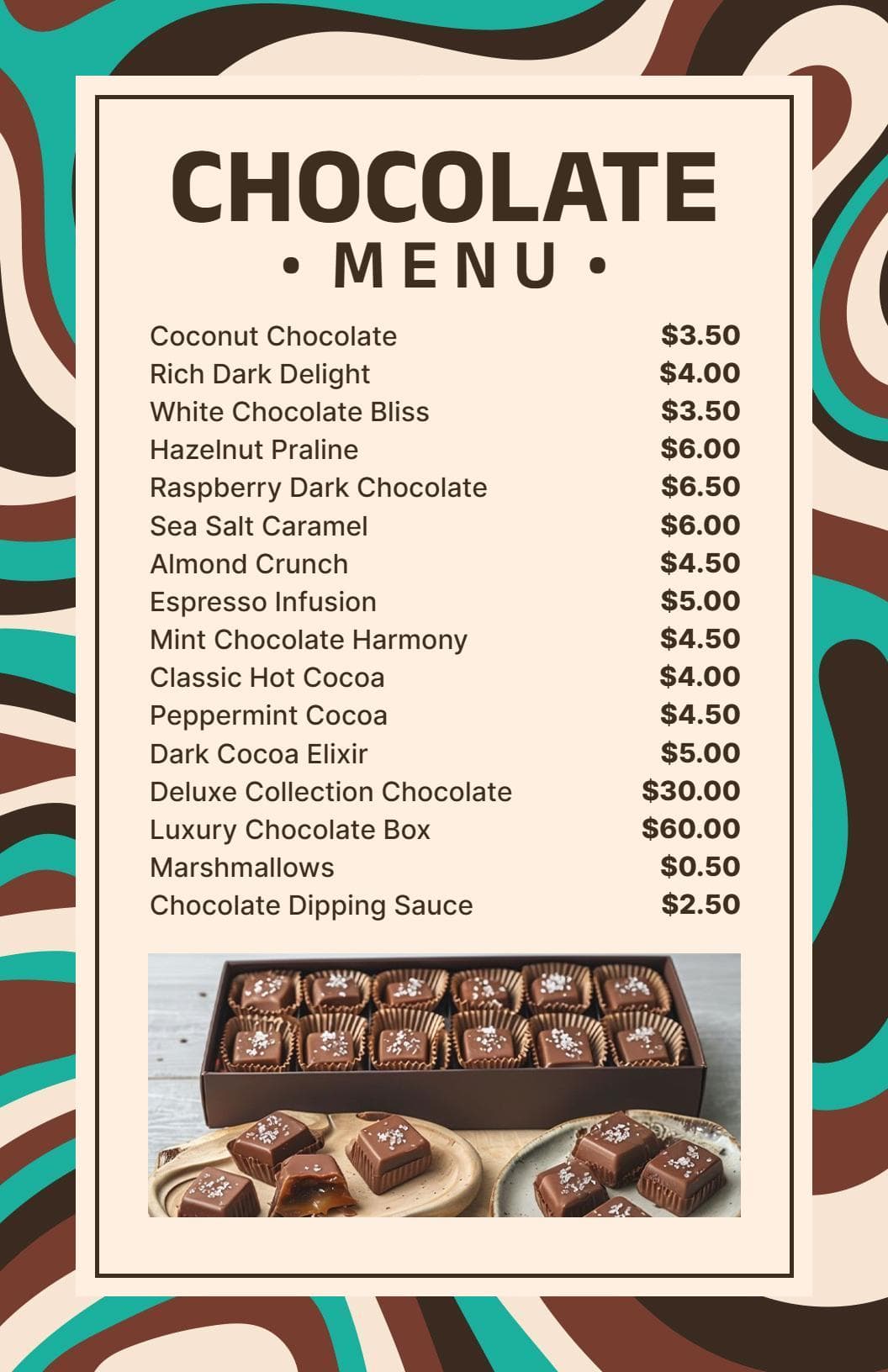 Decadent Chocolate Treats and Gourmet Flavors Chocolate Menu Template
