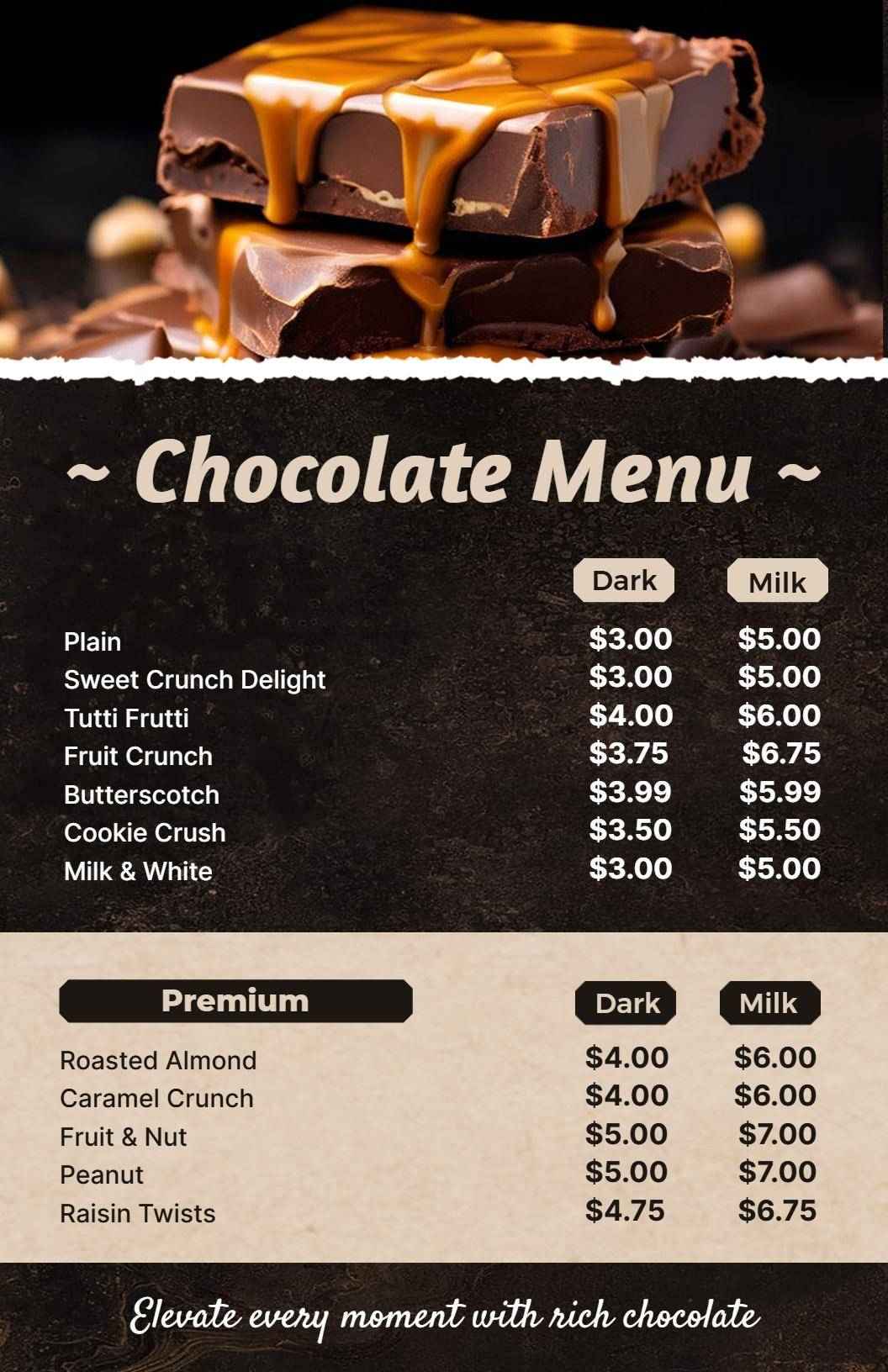 Decadent Chocolate Treats and Sweet Varieties Chocolate Menu Template
