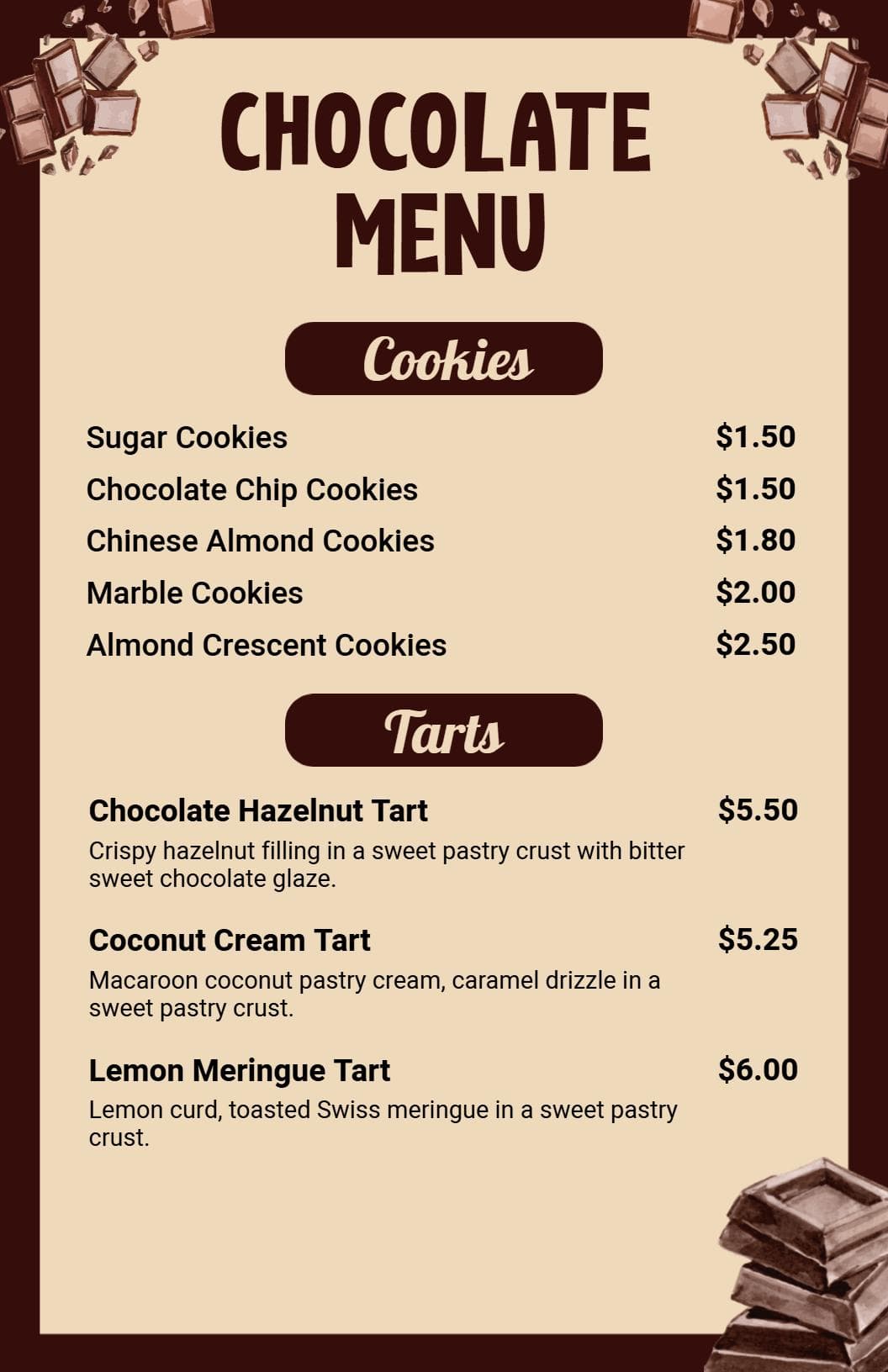 Decadent Chocolate Treats Including Cookies and Tarts Chocolate Menu Template