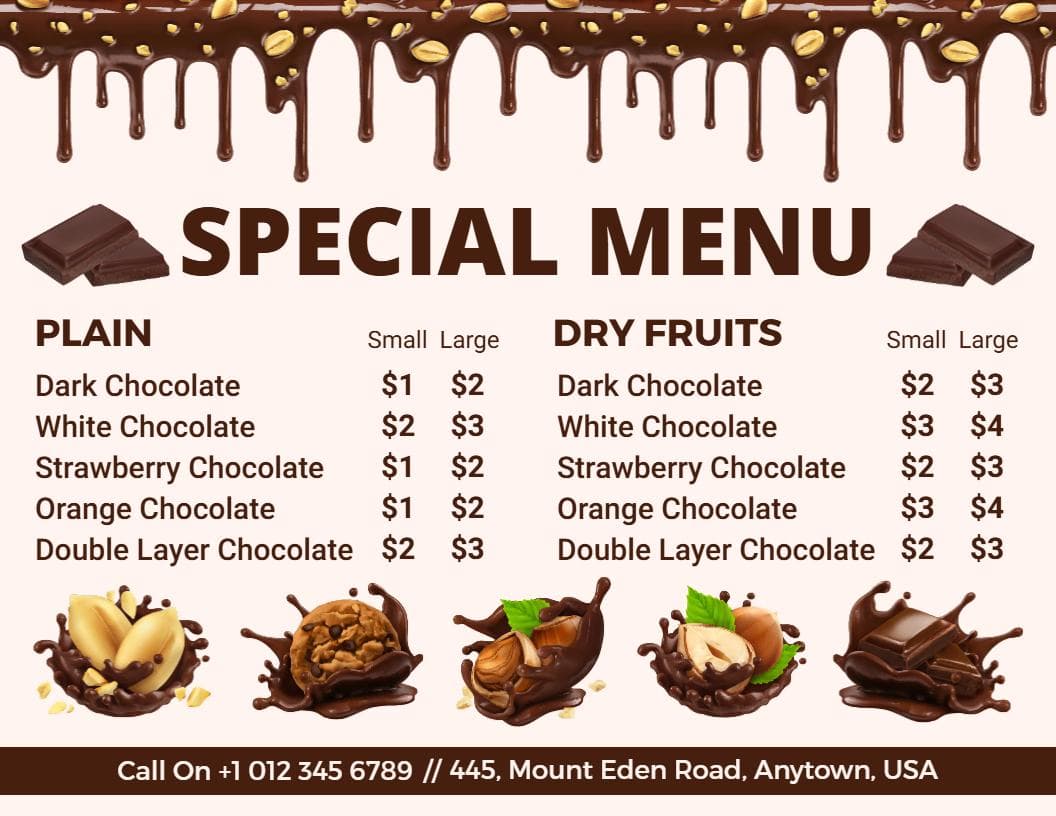 Decadent Chocolate Varieties Featuring Indulgent Flavors Chocolate Menu Template