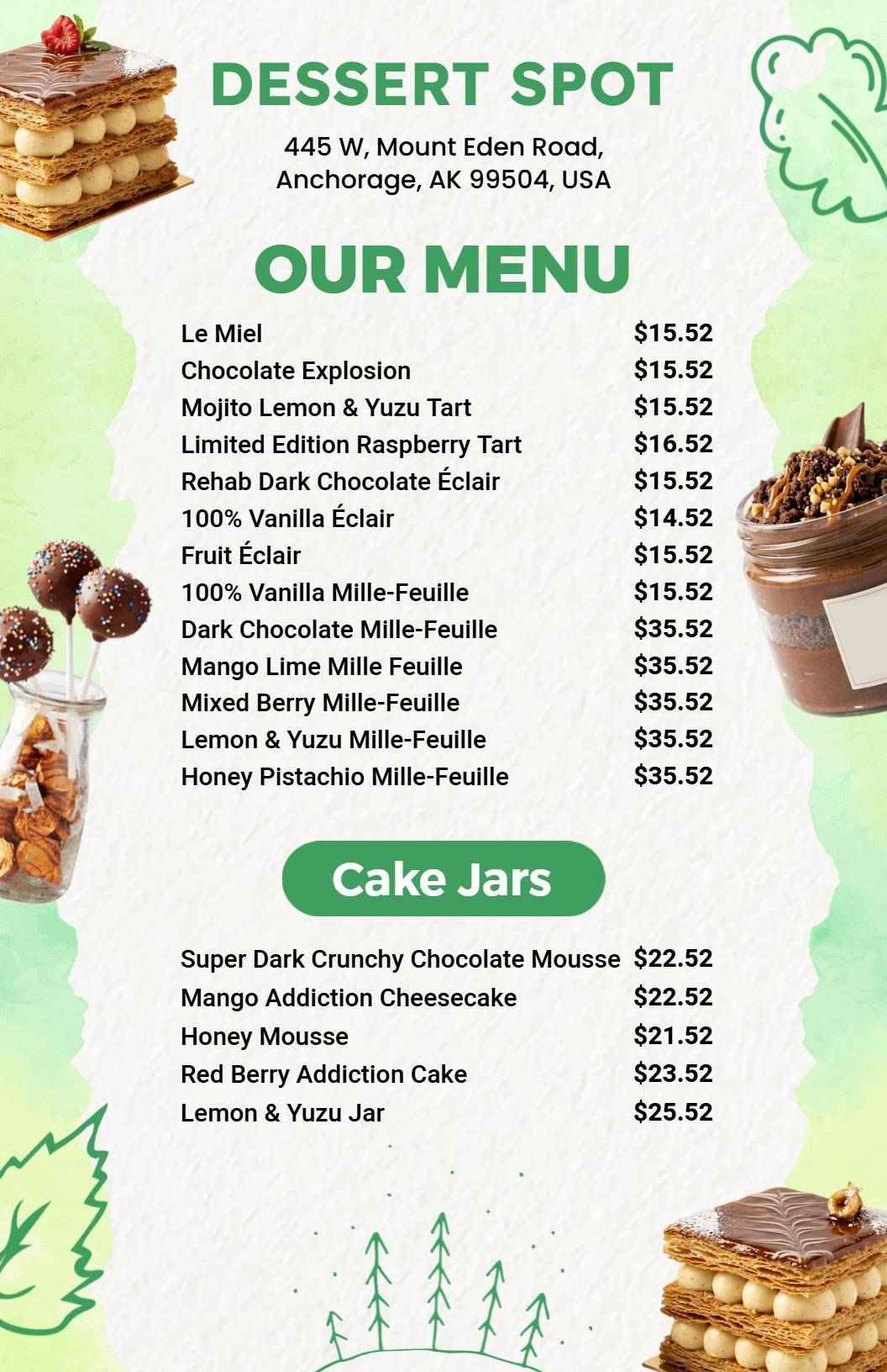 Decadent Eclairs and Tarts Featuring Sweet Treats Dessert Menu Template
