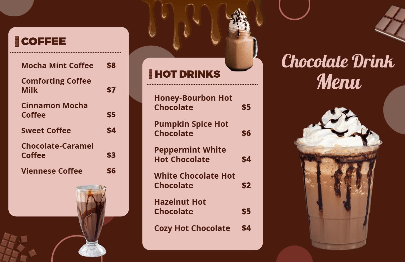 Decadent Hot Chocolate Varieties and Coffee Options Chocolate Menu Template