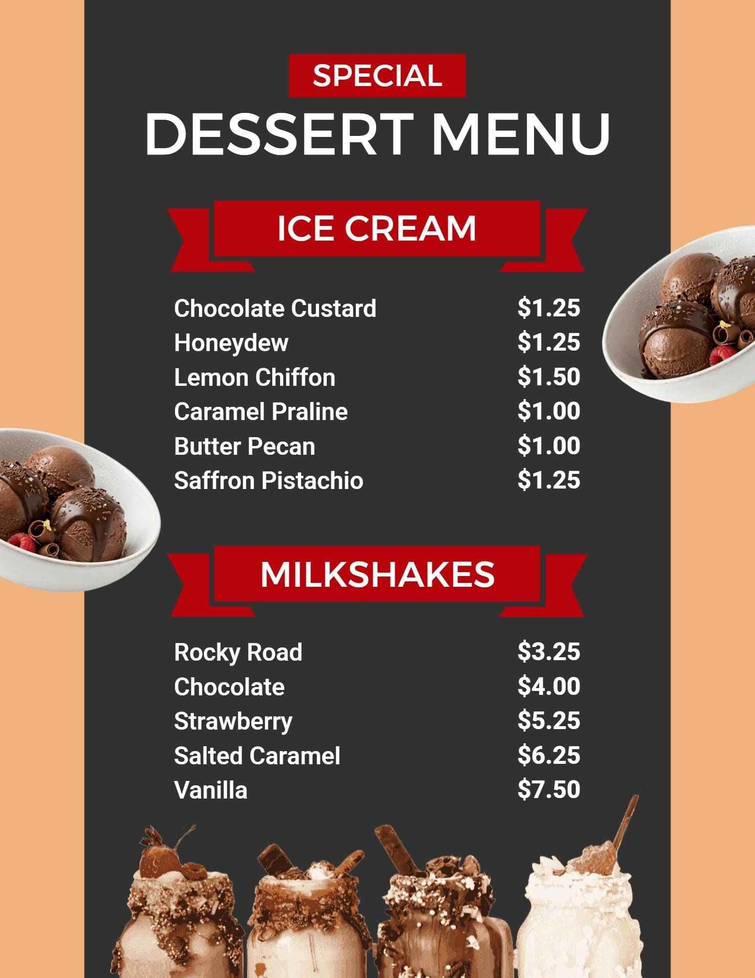 Decadent Ice Cream and Milkshake Selections Dessert Menu Template