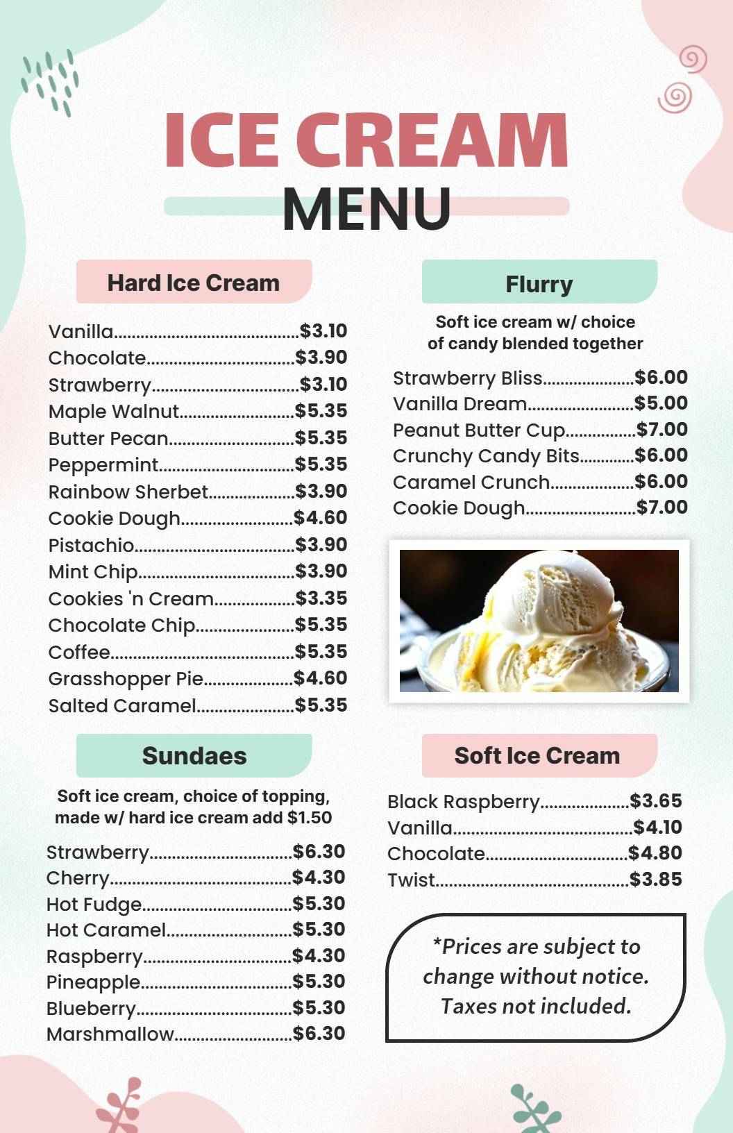 Decadent Ice Cream Flavors and Creative Sundaes Ice Cream Menu Template