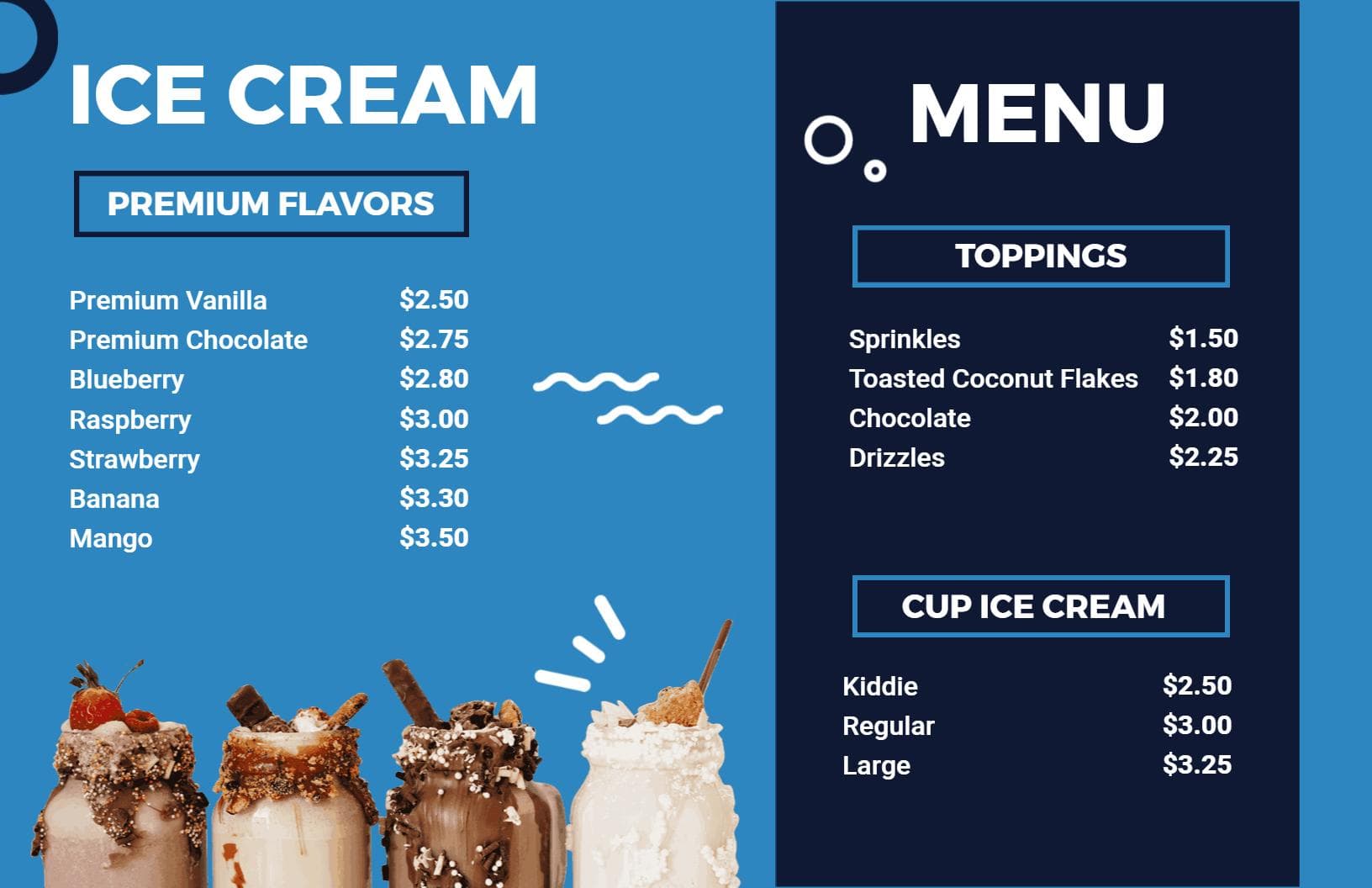 Decadent Premium Ice Cream Flavors and Toppings Ice Cream Menu Template