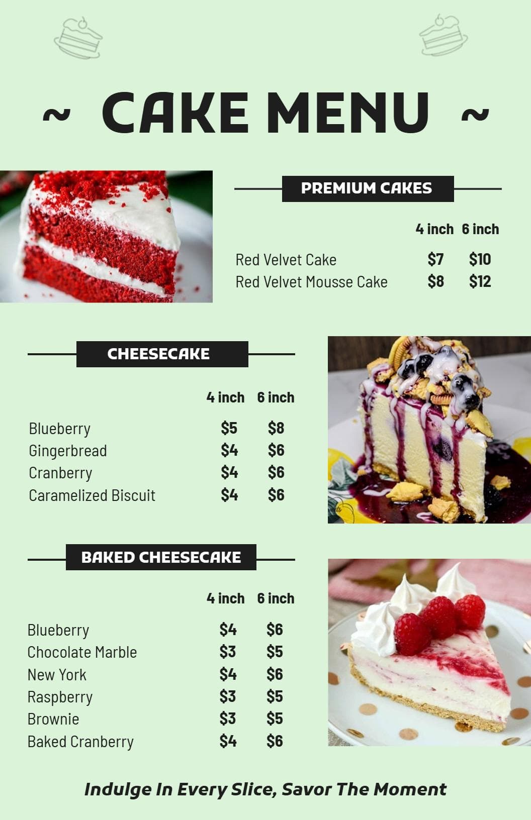 Decadent Red Velvet and Cheesecake Varieties Cake Menu Template