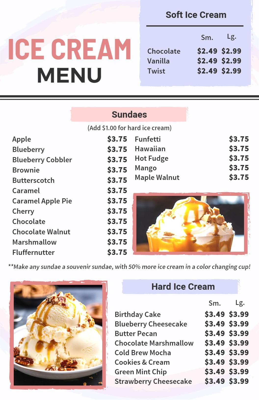 Decadent Sundaes and Soft Serve Treats for Ice Cream Menu Template