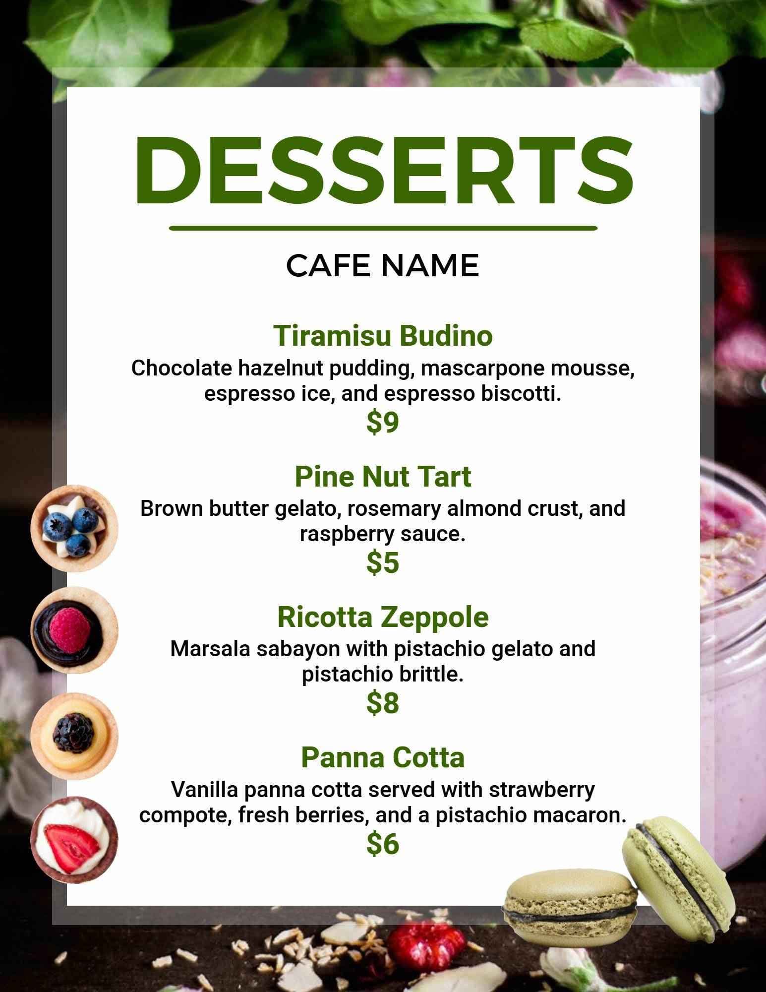 Decadent Tiramisu, Nut Tart, and Panna Cotta Delight Dessert Menu Template