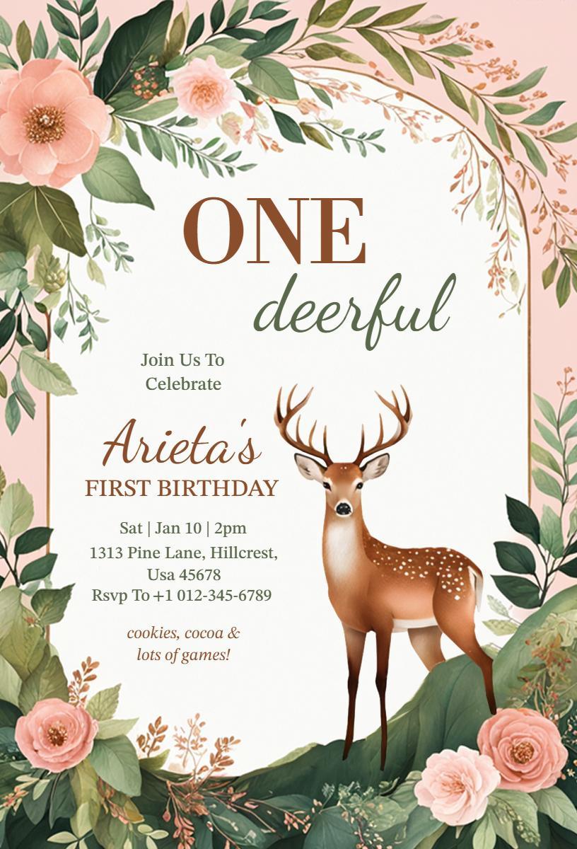 Deer-Themed Woodland One Year Birthday Celebration Invitation Template