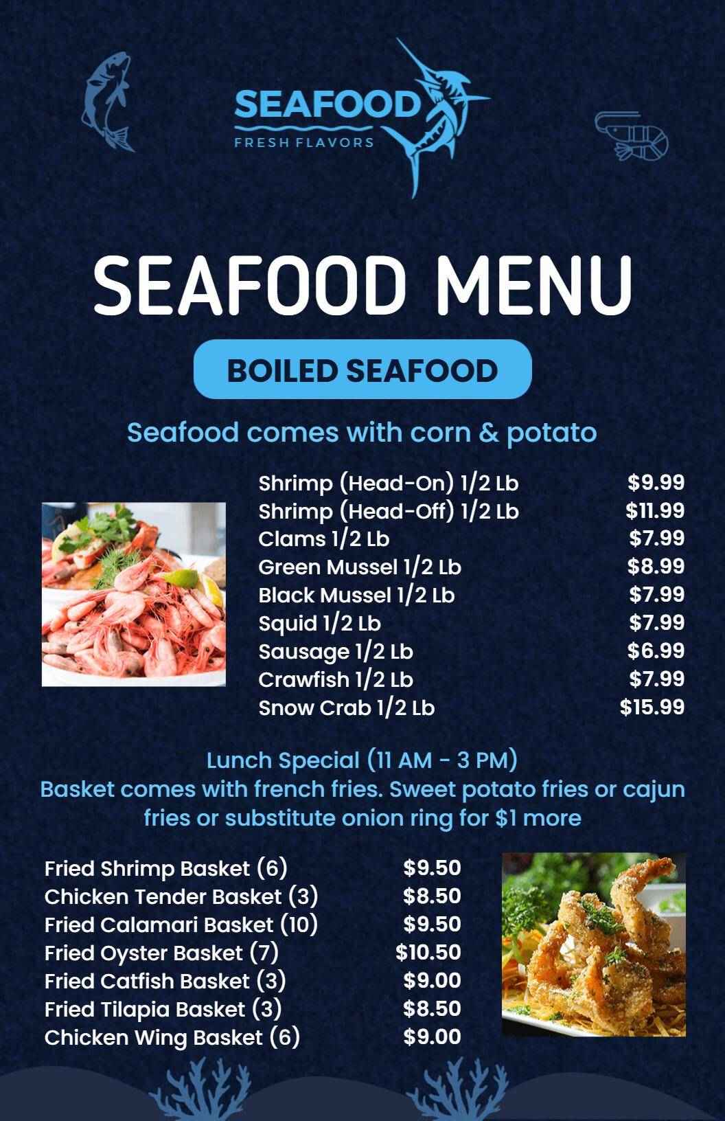 Delectable Boiled Seafood with Fresh Corn and Potatoes Seafood Menu Template