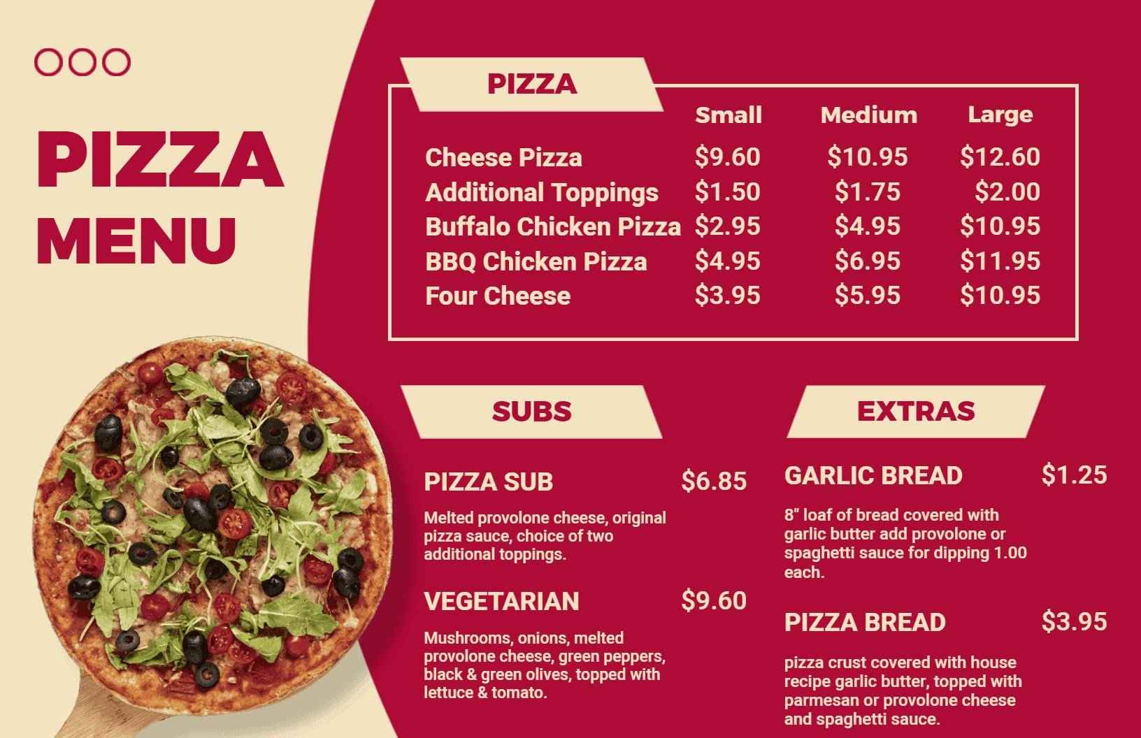 Delectable Cheese and Specialty Pizza Varieties Pizza Menu Template