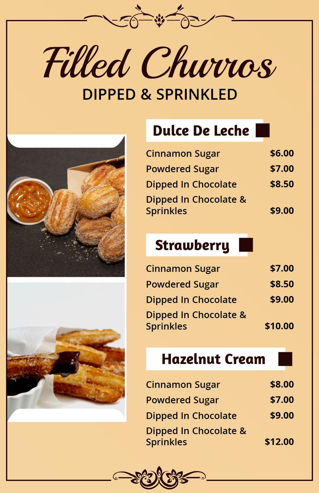 Delectable Churros with Chocolate and Sprinkle Options Menu Template