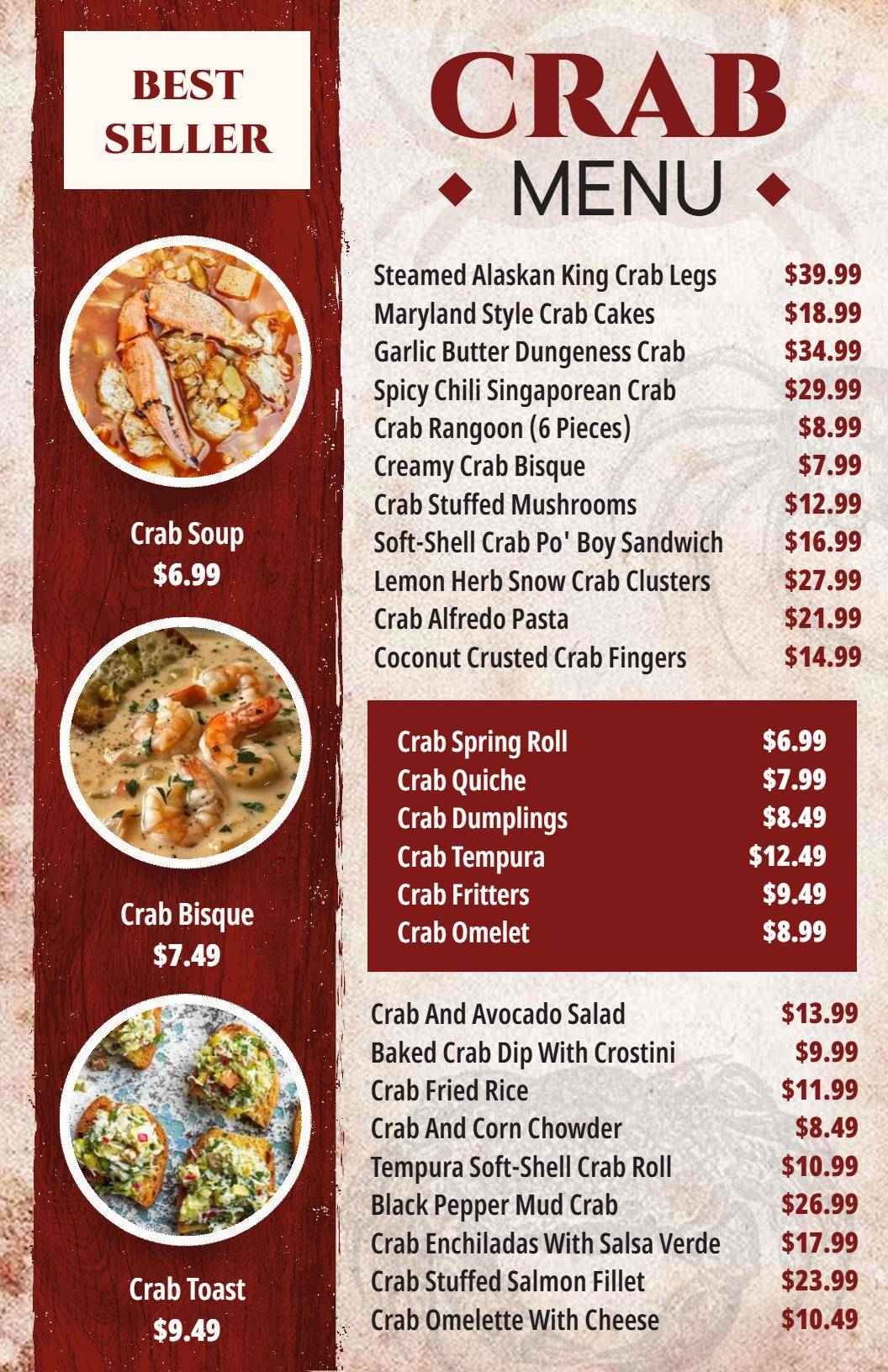 Delectable Crab Dishes with Fresh Flavors and Sides Seafood Menu Template