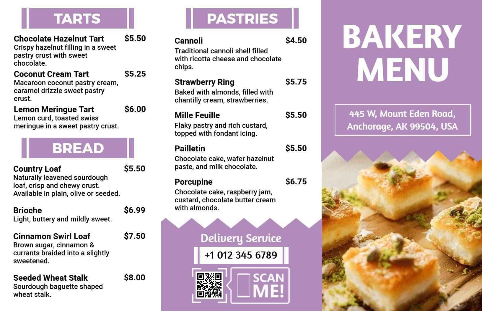 Delectable Pastries and Tarts with Fresh Breads Bakery Menu Template