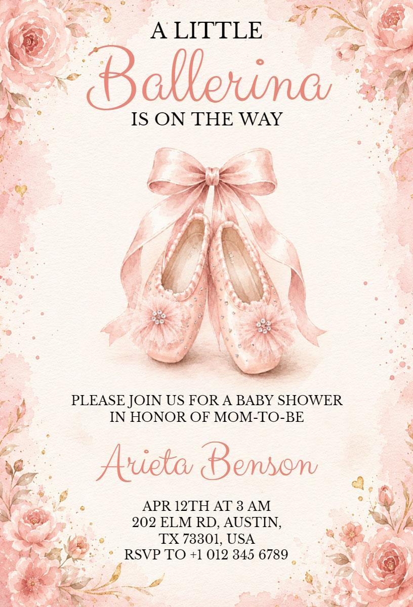 Delicate Ballerina Theme Baby Shower Celebration Invitation Template