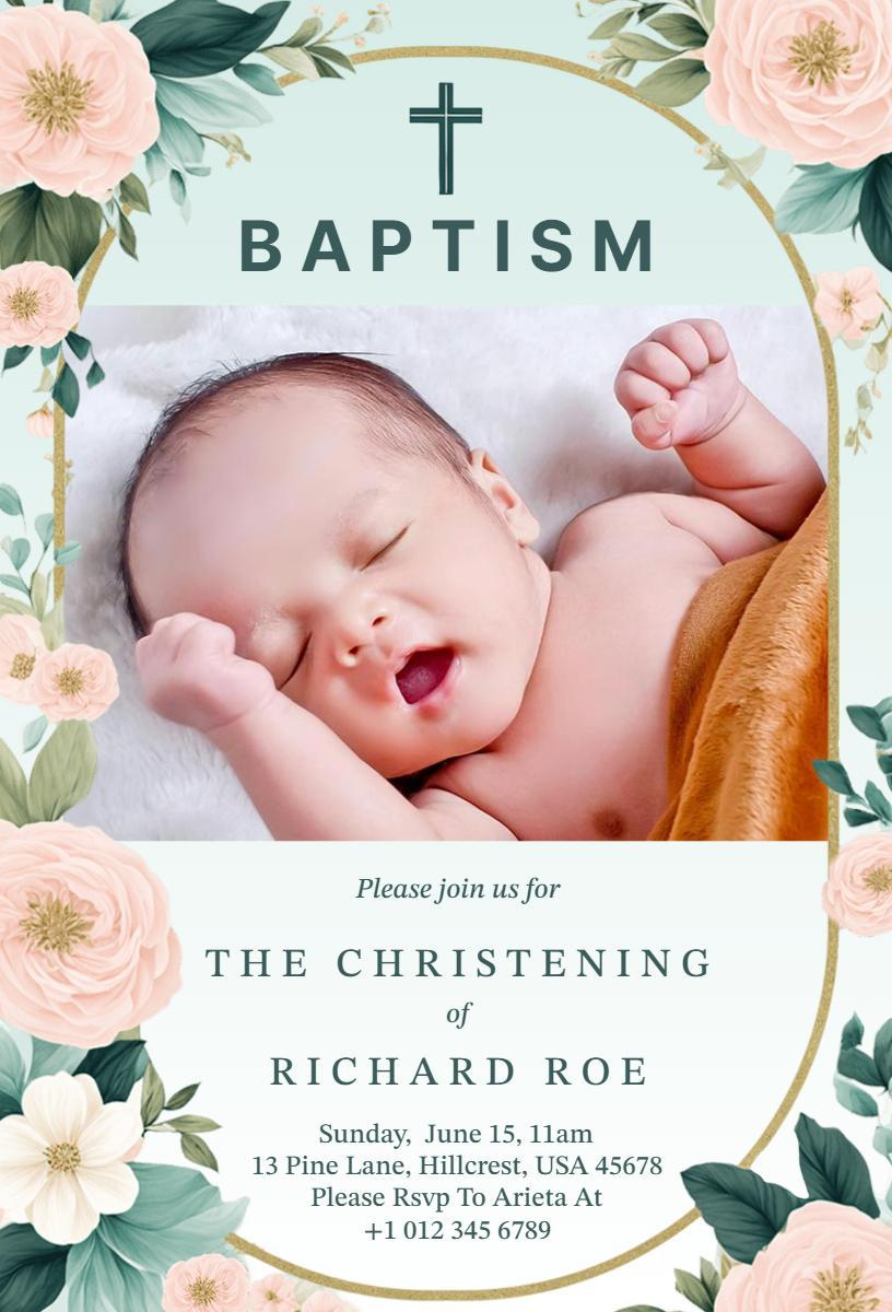 Delicate Floral Baby Baptism Christening Invitation Template