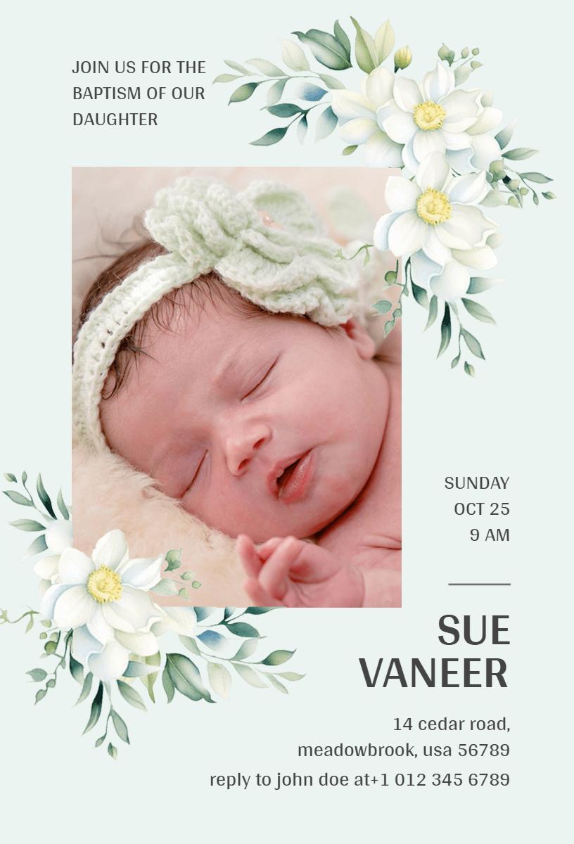Delicate Floral Baby Girl Baptism Celebration Invitation Template