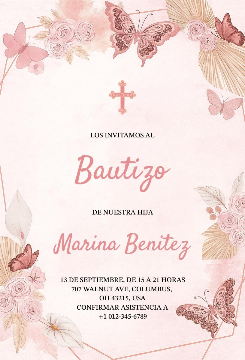 Delicate Floral Butterfly Baptism Celebration Invitation Template