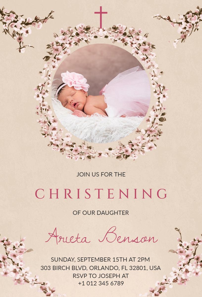 Delicate Floral Elegant Baby Girl Christening Invitation Template