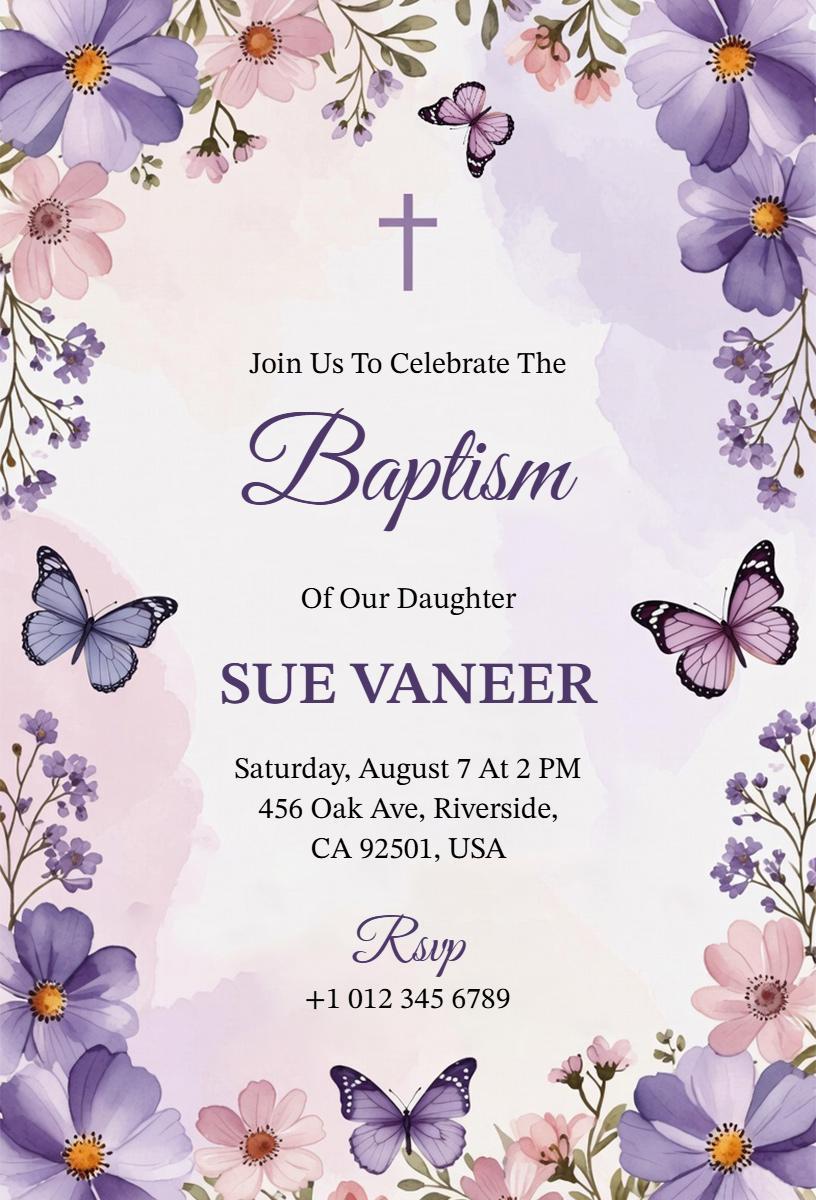 Delicate Floral Purple Baptism Celebration Invitation Template