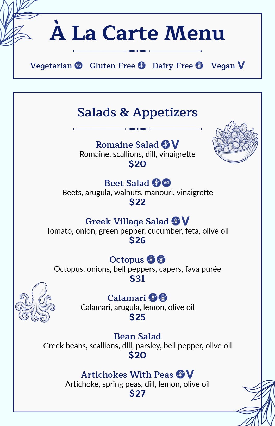 Delicate Leaf Design À La Carte Restaurant Menu Template