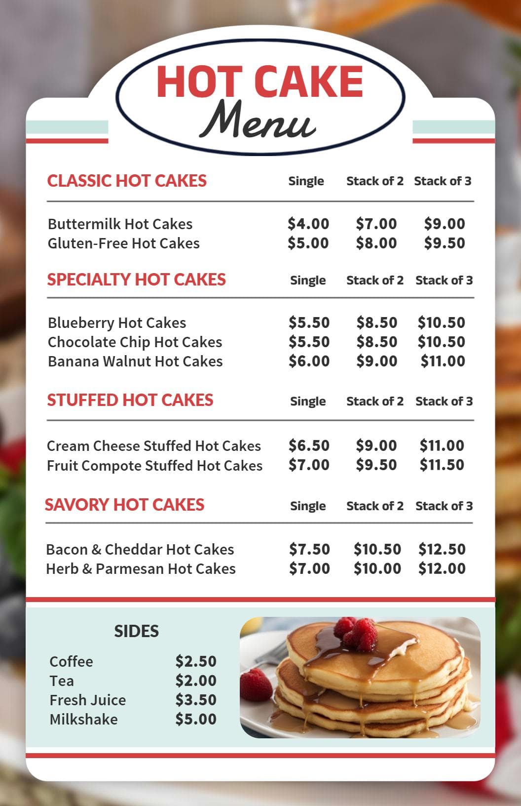 Delicious and Fluffy Hot Cakes with Toppings and Variety Cake Menu Template