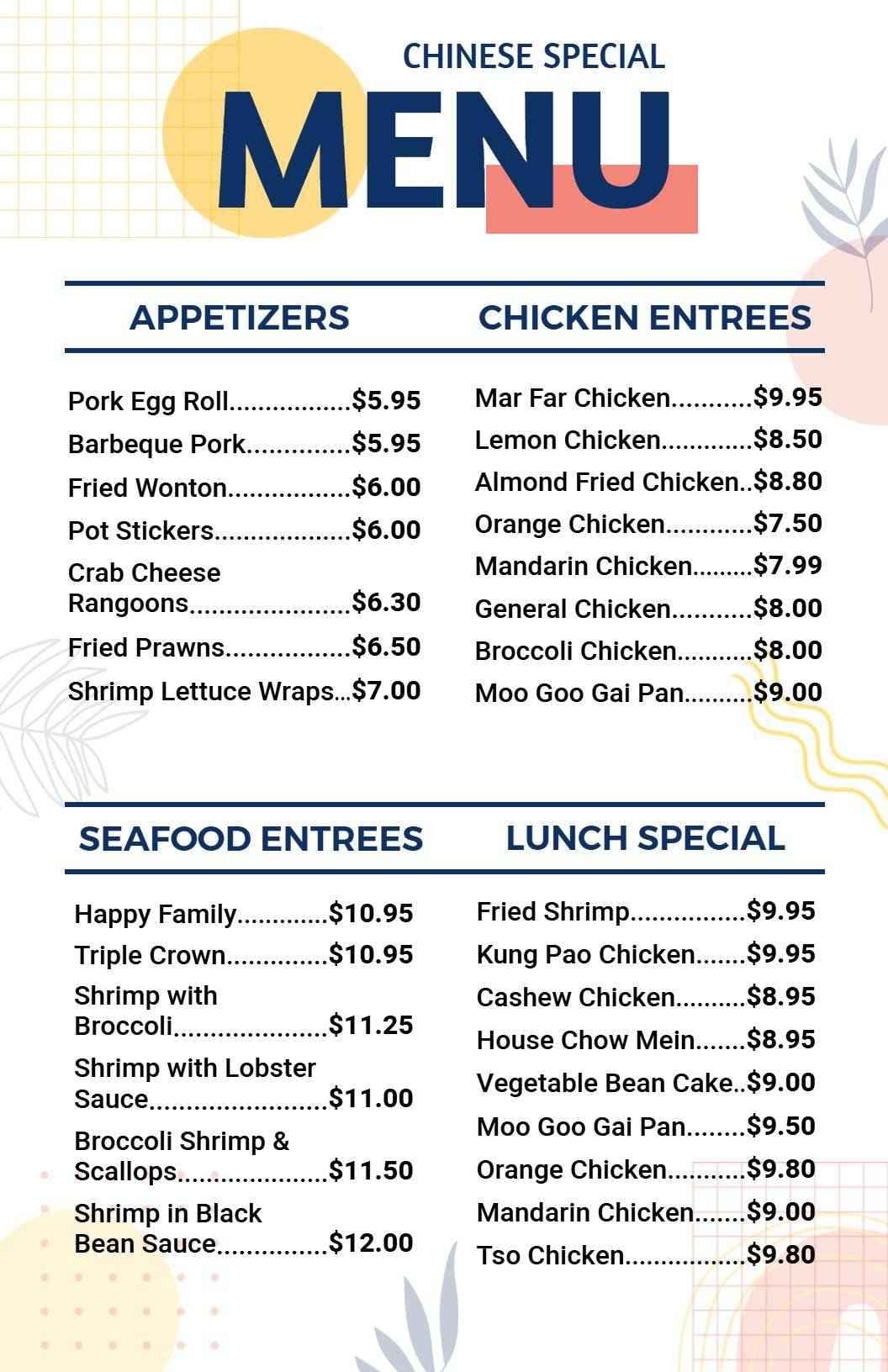 Delicious Appetizers and Flavorful Chicken Dishes Chinese Menu Template