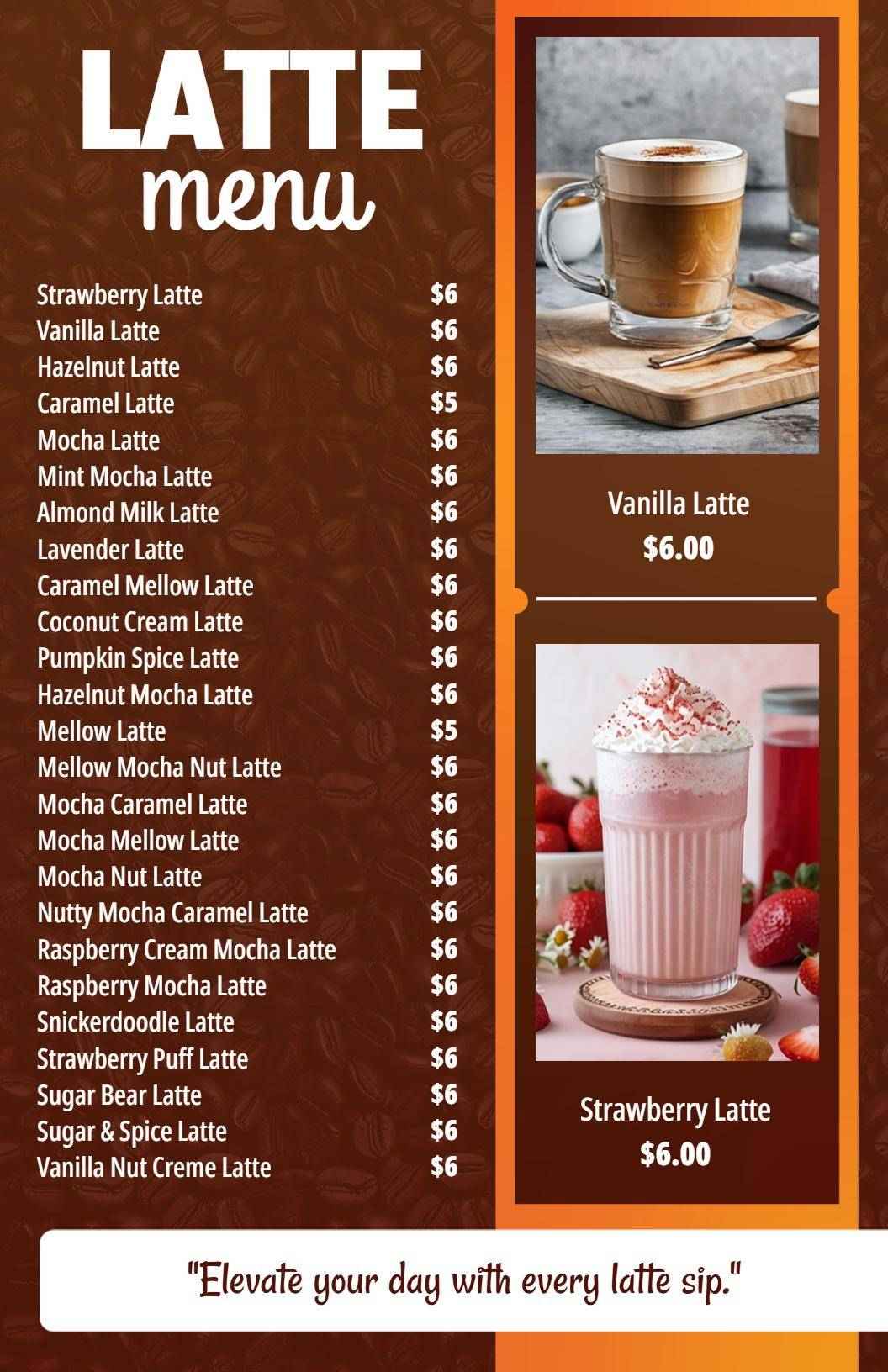 Delicious Artisan Lattes Featuring Unique Flavor Profiles Cafe Menu Template