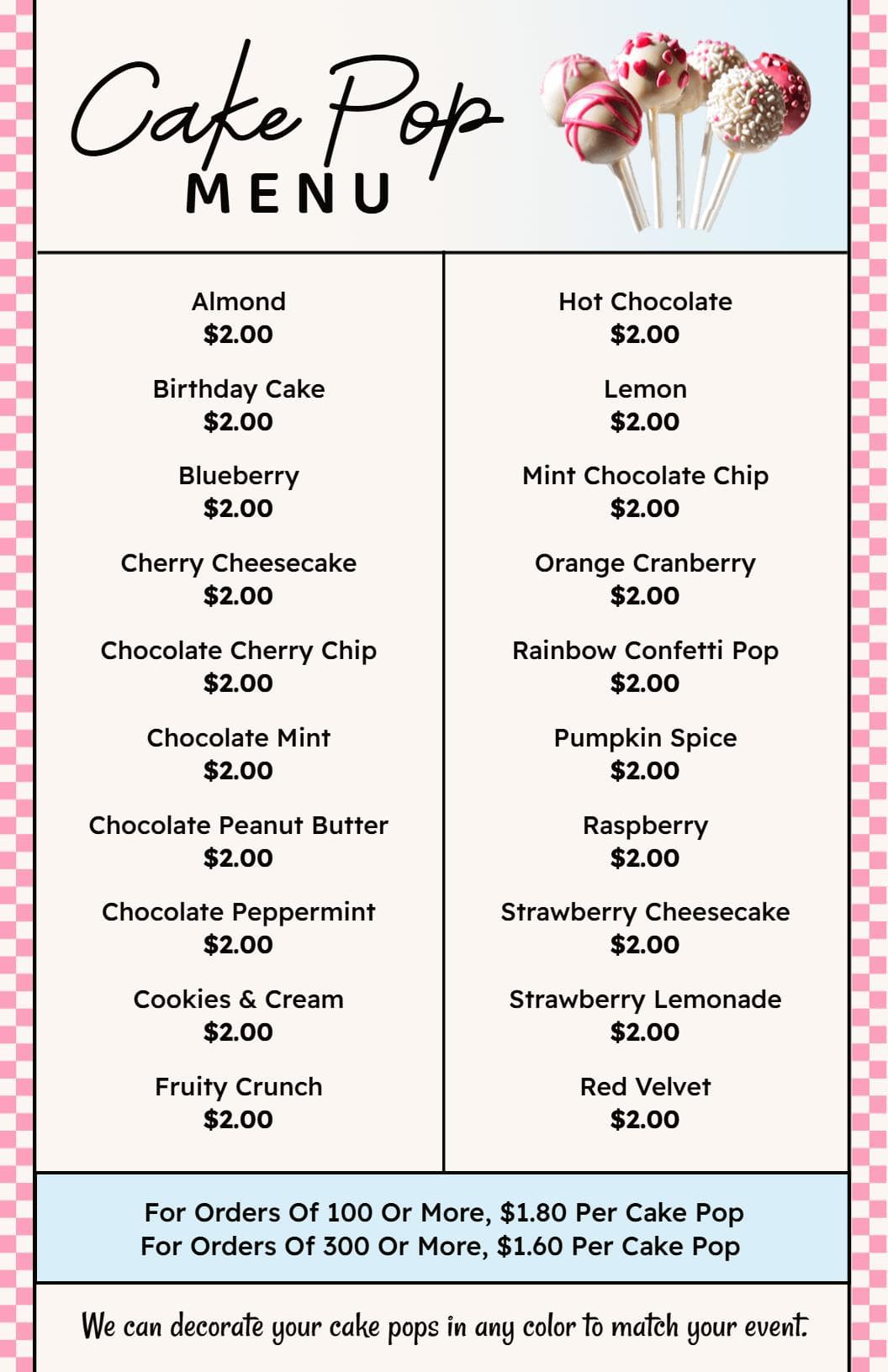 Delicious Assorted Cake Pop Flavors Including Seasonal Treats Dessert Menu Template