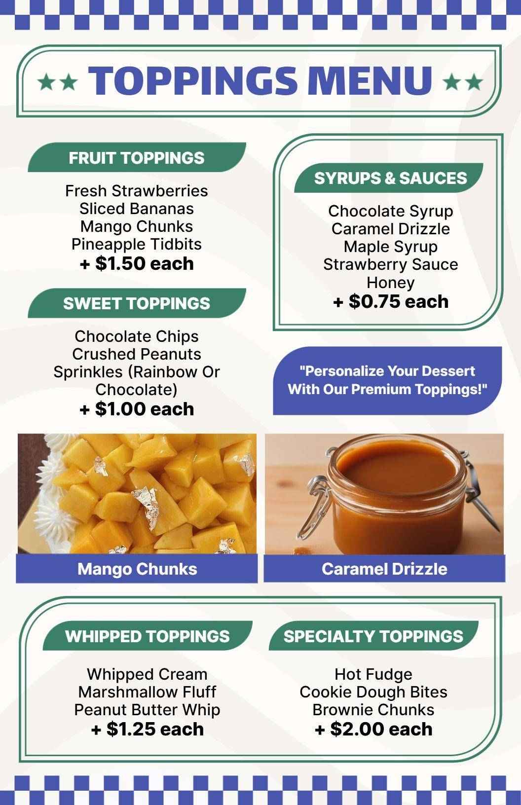 Delicious Assorted Fruit and Sweet Toppings Selection Food Menu Template