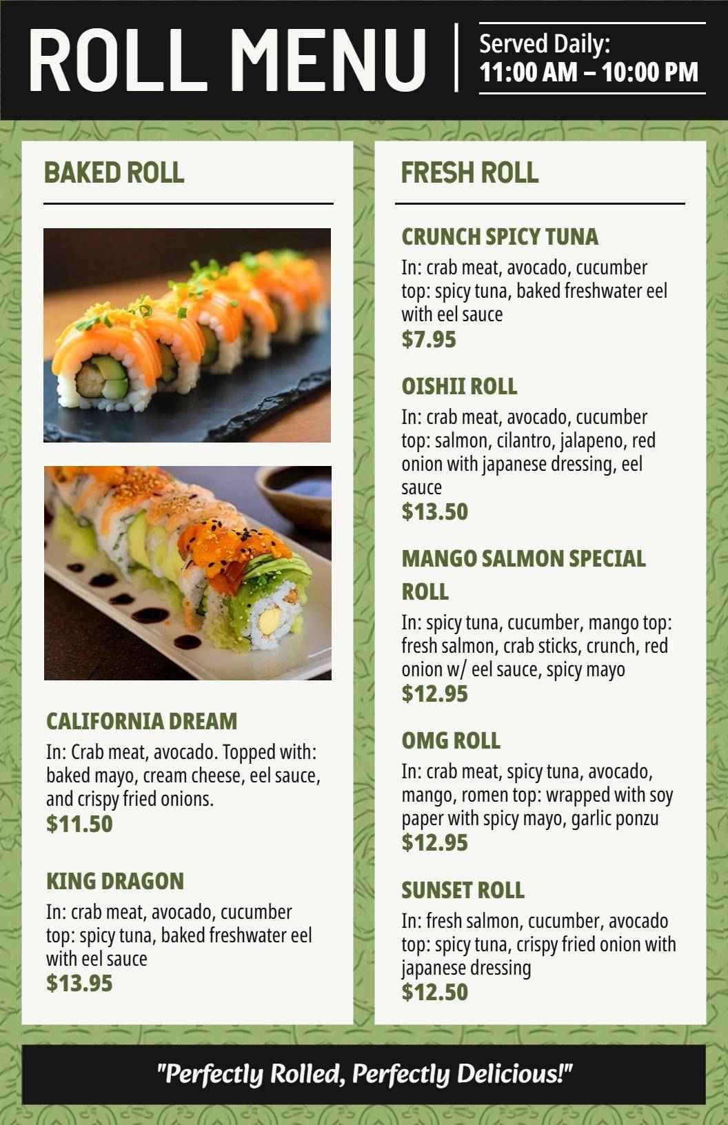 Delicious Avocado and Crab Meat Rolls with Flavorful Sauces Menu Template