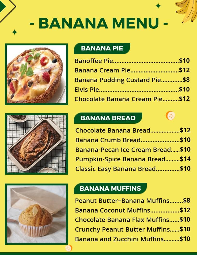 Delicious Banana Bread, Pies, and Muffins Bakery Menu Template