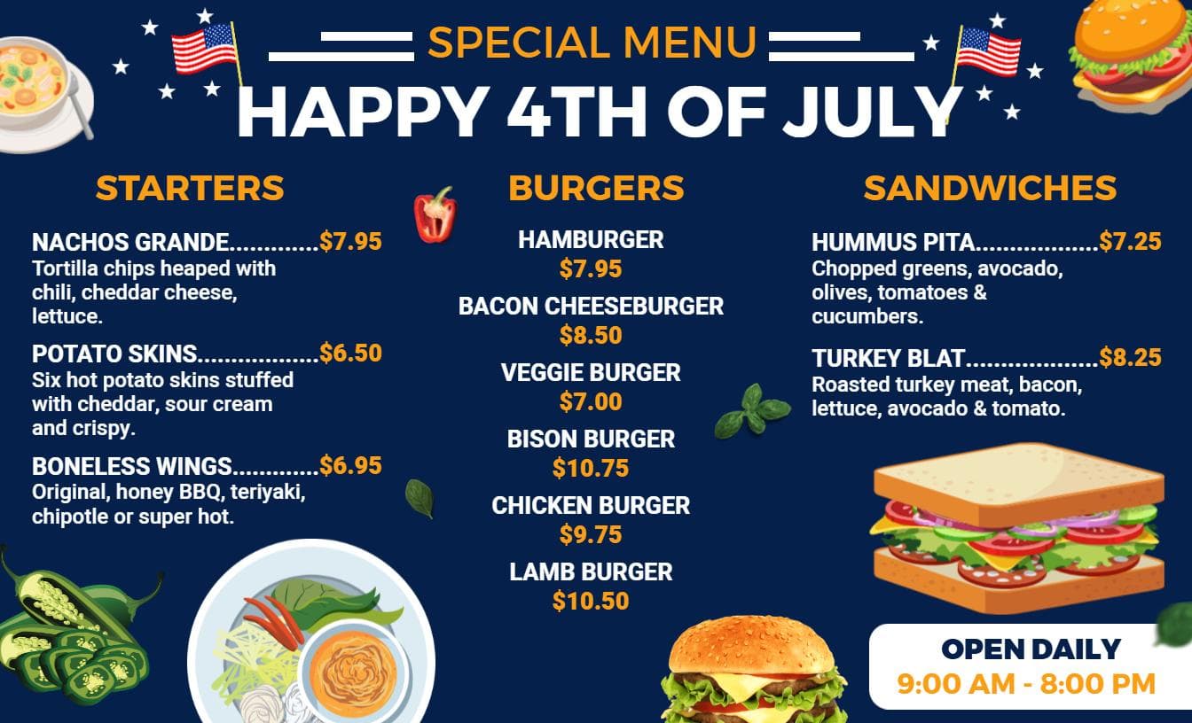 Delicious Barbecue and Festive Favorites for Celebration 4th of July Menu Template