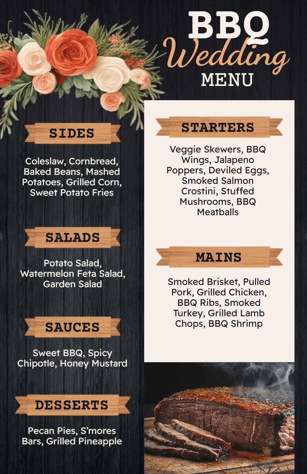 Delicious BBQ Starters and Savory Mains for Your Wedding Menu Template