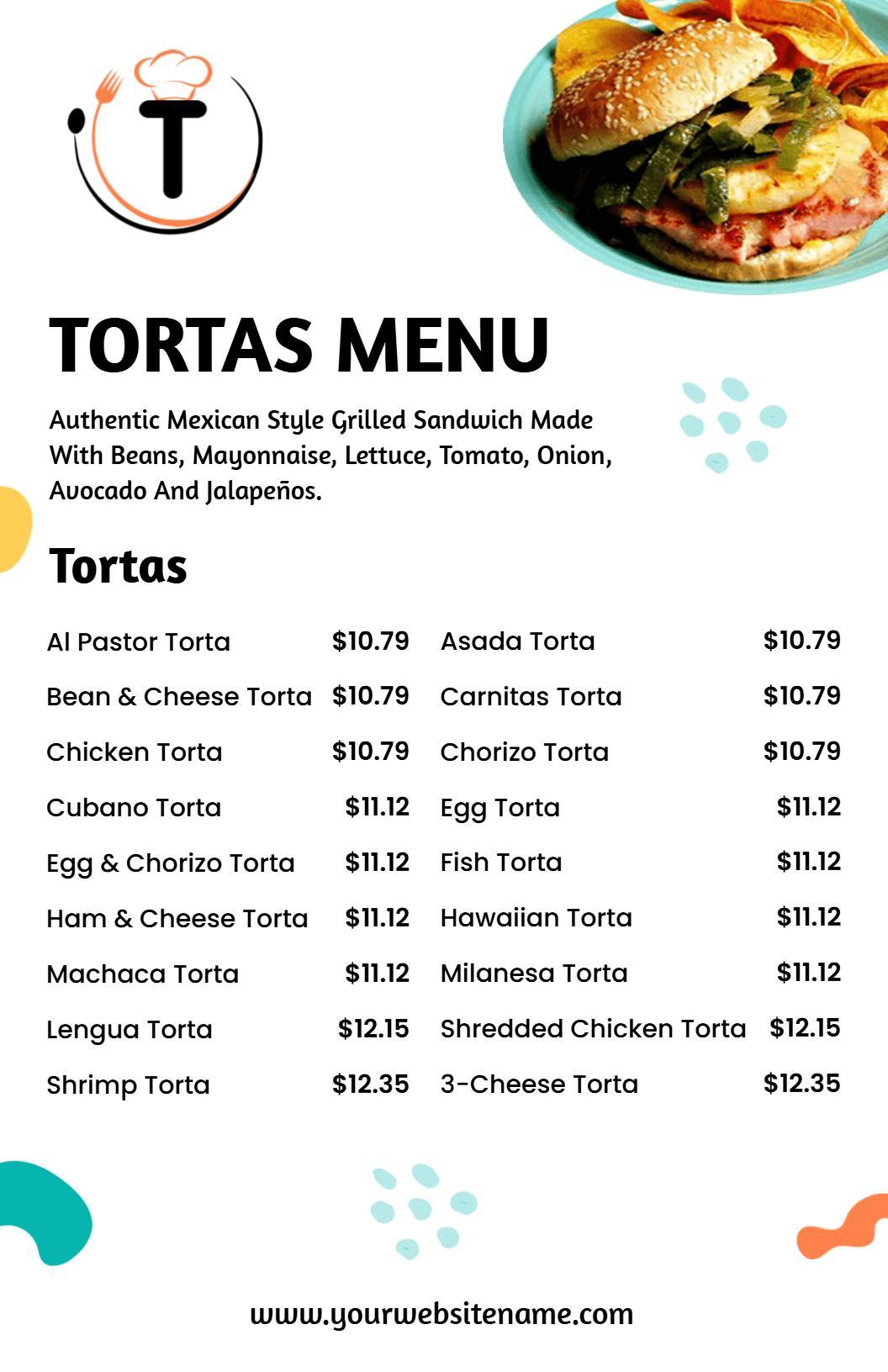 Delicious Bean and Cheese Variations with Toppings Tortas Menu Template