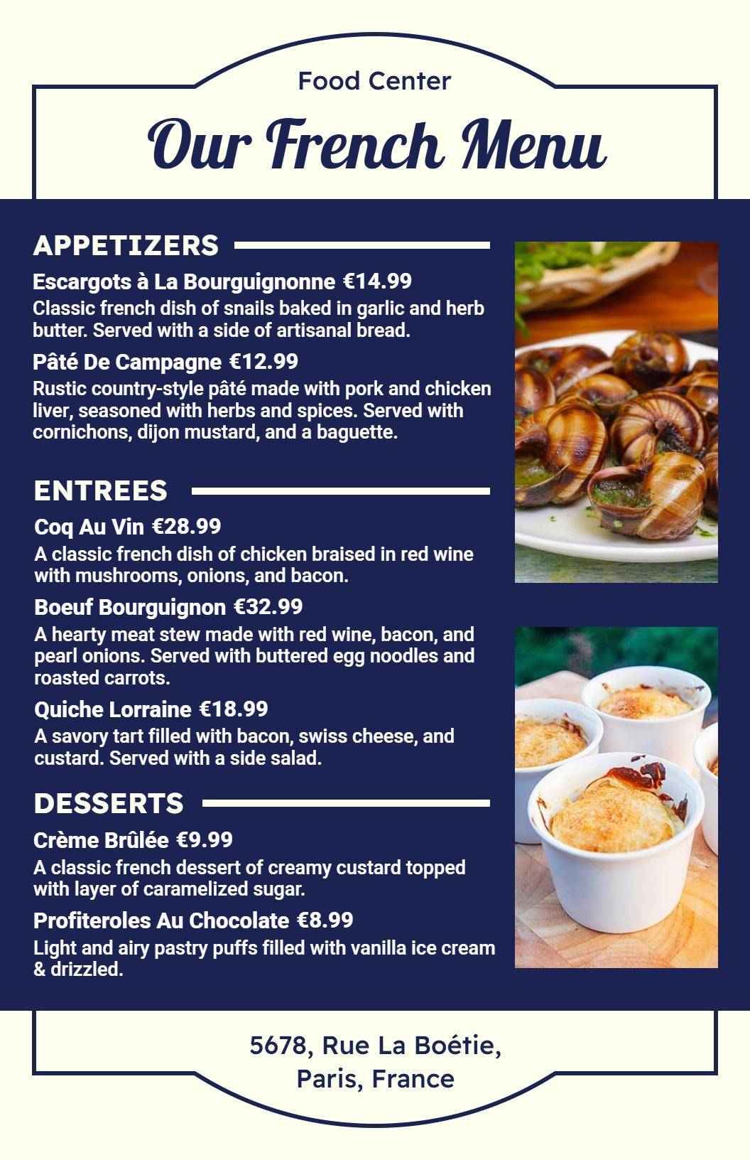 Delicious Beef Bourguignon and Authentic French Entrees Menu Template