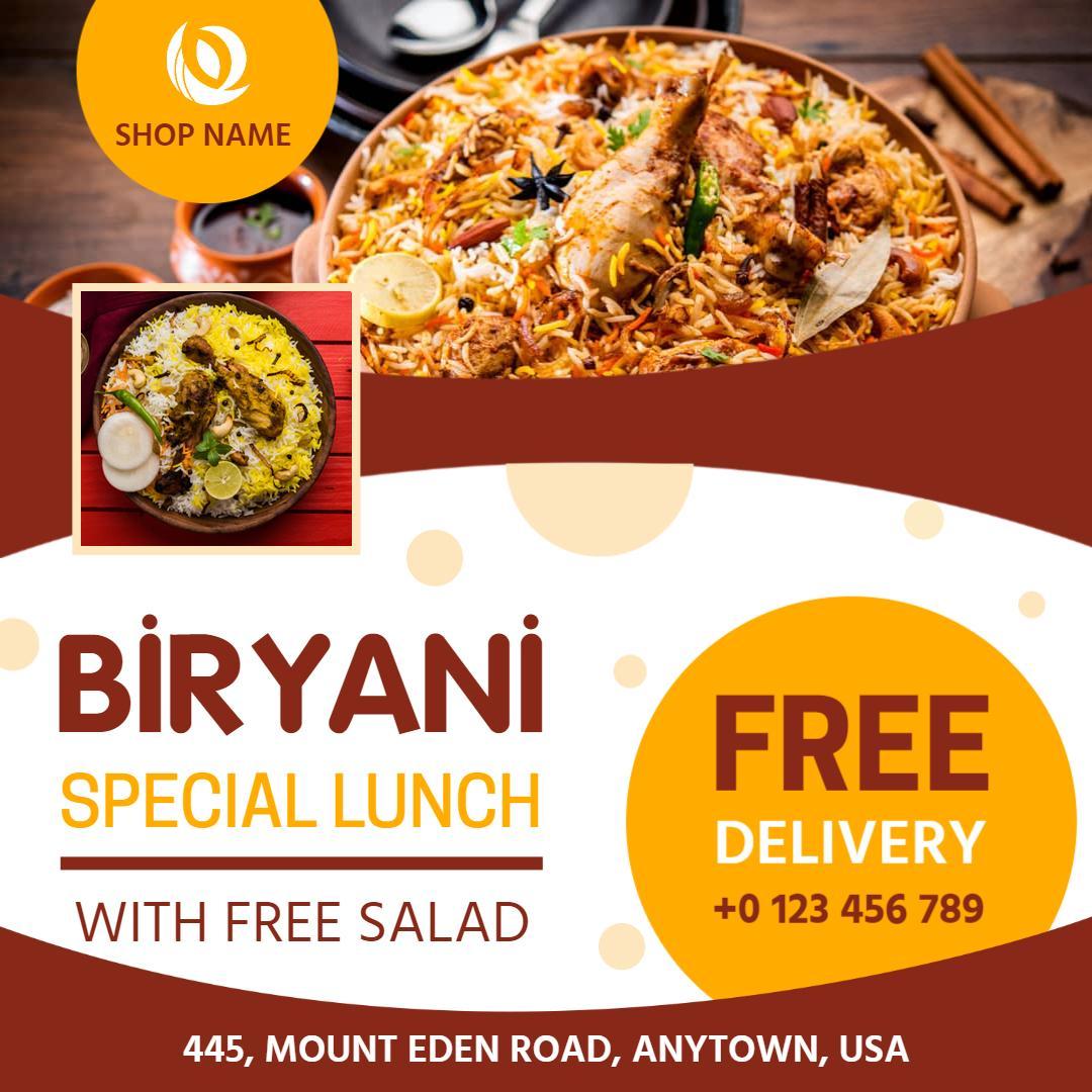 Delicious Biryani Special Lunch with Free Salad Delivery Ad Template